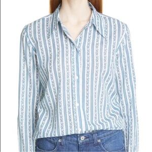 Nili Lotan White and Light Blue Striped Button-Down Blouse